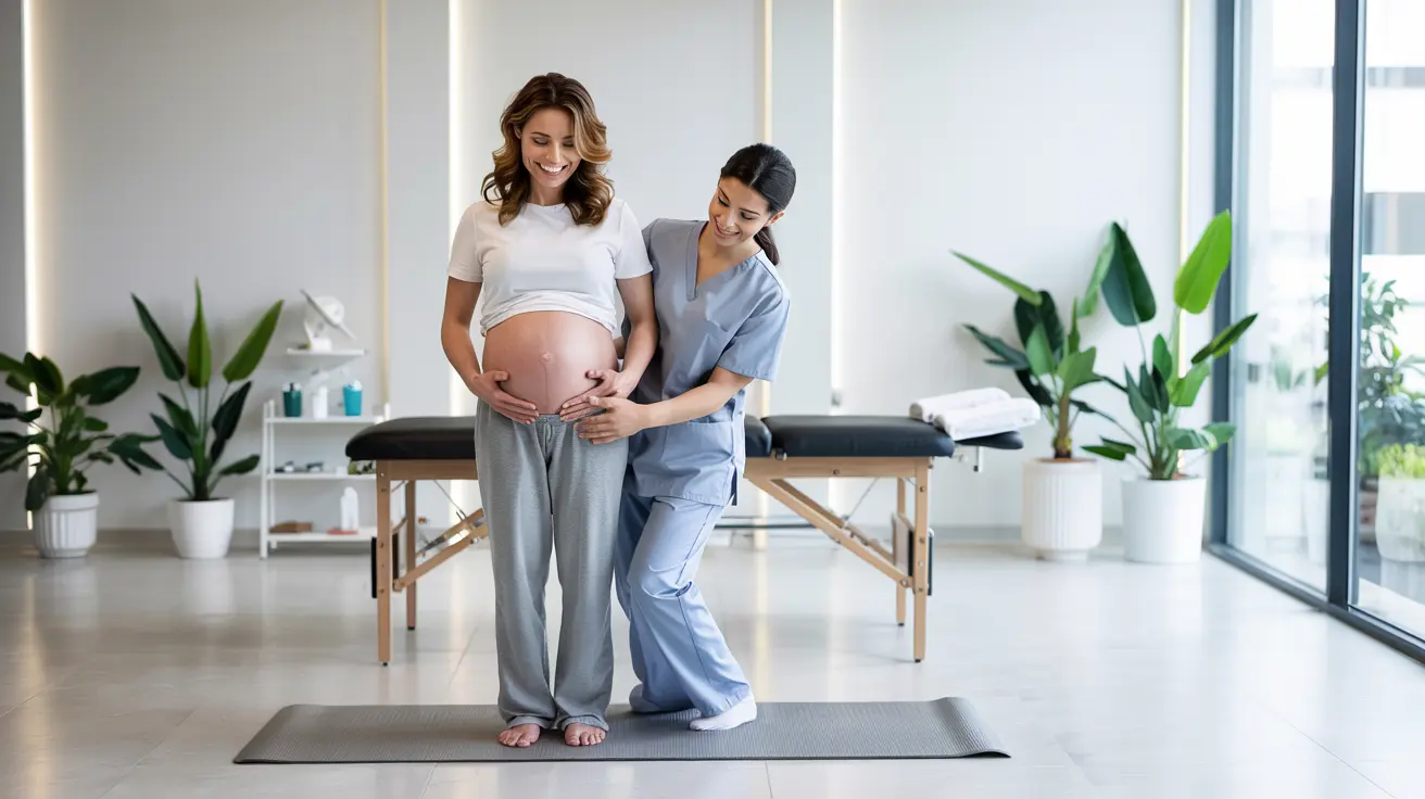 Fisioterapeuta de Clínica Trajano asiste a una mujer embarazada sujetándole el vientre mientras practica ejercicios de postura en una sesión de fisioterapia prenatal.