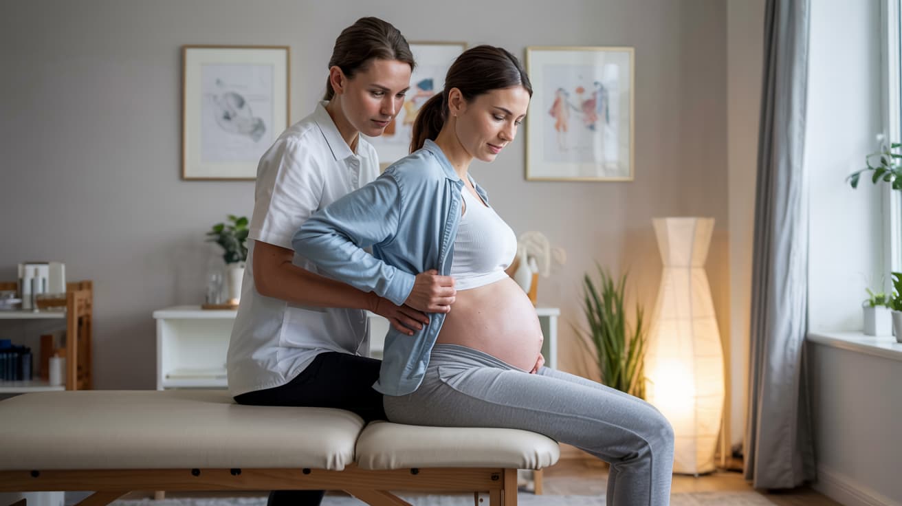 Fisioterapeuta de Clínica Trajano corrige la postura lumbar de una paciente embarazada sentada sobre la camilla durante una sesión de fisioterapia prenatal.