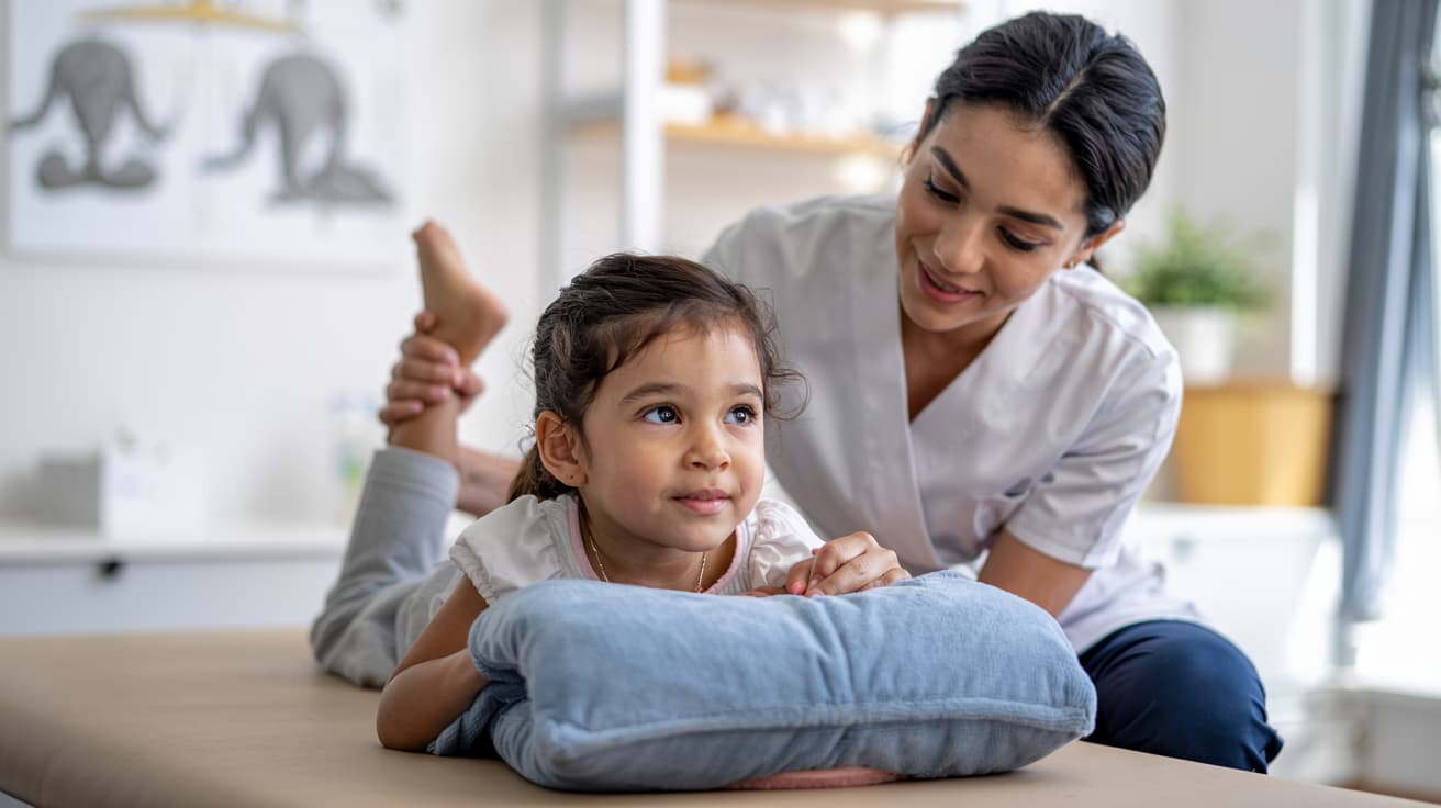 Niña recostada sobre una camilla con cojín recibiendo estiramientos de piernas de una fisioterapeuta profesional en Clínica Trajano.
