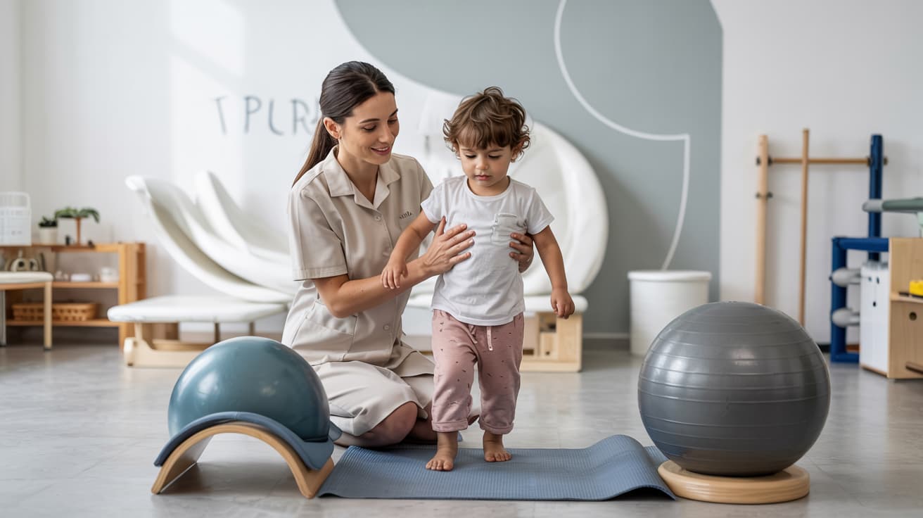 Fisioterapeuta de Clínica Trajano sujeta con suavidad a un niño pequeño mientras practica la marcha sobre una esterilla junto a pelotas de terapia.